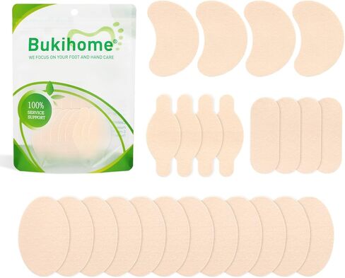 Bukihome Moleskin Adhesive Pads for Feet - Blister Prevention Tape - Moleskin Padding for Blisters, Shoes, Toes, Heel, Reduce Friction Pain - 11 Sheets of 4 Shapes (22 Pieces Total, Black) in Saudi Arabia