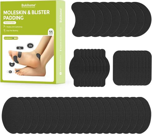 Bukihome Moleskin Adhesive Pads for Feet - Blister Prevention Tape - Moleskin Padding for Blisters, Shoes, Toes, Heel, Reduce Friction Pain - 11 Sheets of 4 Shapes (22 Pieces Total, Black) in Saudi Arabia