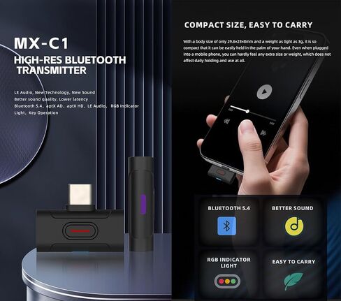 جهاز إرسال KGUSS xDuoo MX-C1 عالي الدقة بتقنية البلوتوث 5.4 USB-C - يدعم SBC/aptX/aptX HD/aptX Adaptive/LE-AUDIO/LC3/aptx Lite، محول بلوتوث منخفض الكمون للكمبيوتر/الهاتف/الأجهزة اللوحية/PS5/Switch in Saudi Arabia