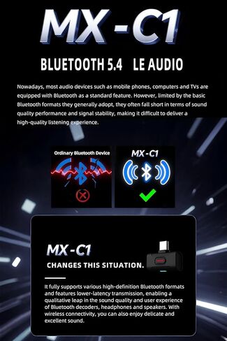 جهاز إرسال KGUSS xDuoo MX-C1 عالي الدقة بتقنية البلوتوث 5.4 USB-C - يدعم SBC/aptX/aptX HD/aptX Adaptive/LE-AUDIO/LC3/aptx Lite، محول بلوتوث منخفض الكمون للكمبيوتر/الهاتف/الأجهزة اللوحية/PS5/Switch in Saudi Arabia