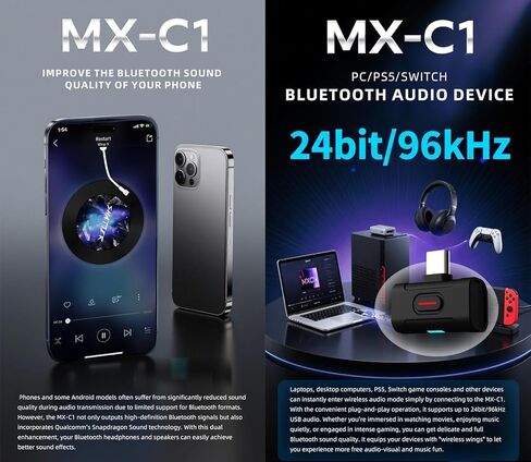 جهاز إرسال KGUSS xDuoo MX-C1 عالي الدقة بتقنية البلوتوث 5.4 USB-C - يدعم SBC/aptX/aptX HD/aptX Adaptive/LE-AUDIO/LC3/aptx Lite، محول بلوتوث منخفض الكمون للكمبيوتر/الهاتف/الأجهزة اللوحية/PS5/Switch in Saudi Arabia