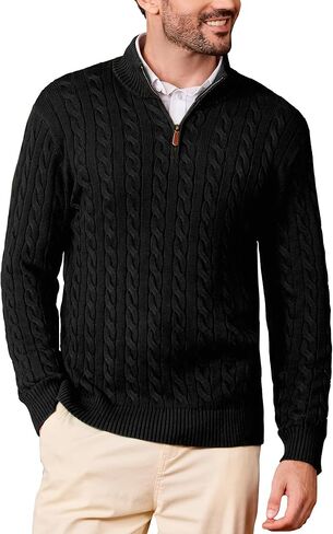 Kallspin Men's Quarter Zip Sweater Pullover Pure Cotton Cable Knit Long Sleeve Business Casual Knitwear in Saudi Arabia