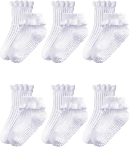 ALLOVIN 6 Pairs Baby & Toddler Girls Non-Slip Ruffle Lace Socks Soft Cotton Grip Socks Ideal Gift for Baby Shower & Birthday in Saudi Arabia