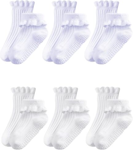 ALLOVIN 6 Pairs Baby & Toddler Girls Non-Slip Ruffle Lace Socks Soft Cotton Grip Socks Ideal Gift for Baby Shower & Birthday in Saudi Arabia