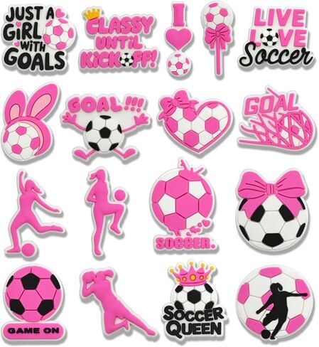 16Pcs Soccer Girls Shoe Charms, Ideal Gift for Soccer Lovers, Soccer Sports Shoe Decoration Charm Accessories for Girls Adult Women in Saudi Arabia