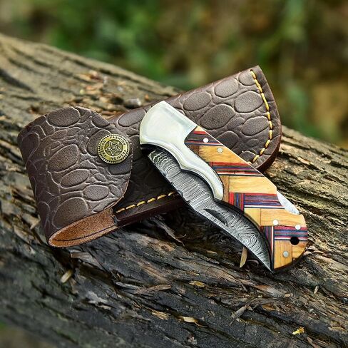 Damascus Folding Knife – Olive Brown Pocket Knife, Handmade Custom Gift for Husband, Boyfriend, Dad, Son, or Groomsmen, Perfect Birthday, Anniversary, Father’s Day & Christmas Gift (Olive-Wood) in Saudi Arabia