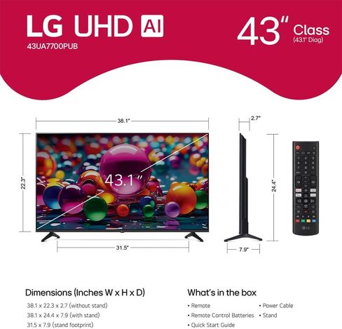 تلفزيون LG 43 بوصة فئة UA77 Series LED AI 4K Smart webOS (موديل 2025) + كابل HDMI + ضمان CPS لمدة 12 شهرًا + حزمة البث - HDR10، ThinQ AI، Wi-Fi 6، التحكم الصوتي، تصميم نحيف in Saudi Arabia