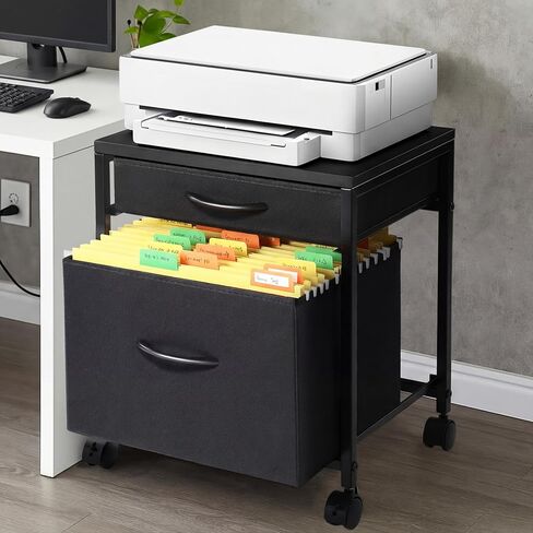 عربة خزانة ملفات متنقلة مع درجين من القماش بحجم حرف A4 بجانبها، خزانة ملفات عمودية على عجلات قابلة للقفل، حامل طابعة محمول للتخزين تحت المكتب للمكتب المنزلي (بني ريفي) in Kuwait