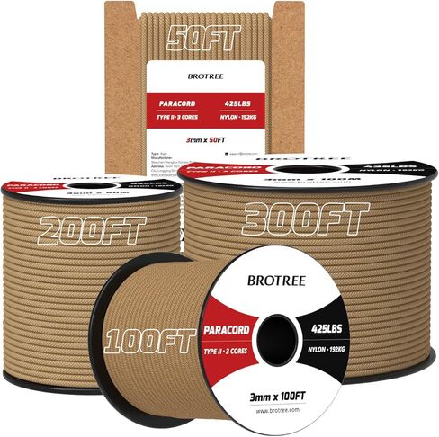 حبل باراكورد 3 مم 425 100% نايلون 100 قدم، 3 خيوط من النوع II حبل باراشوت للاستخدام في الهواء الطلق، والحرف اليدوية، DIY - حمل كسر 192 كجم (أسود) in Kuwait