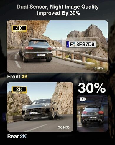 كاميرا داش بقناتين مع شاشة انتظار 24 ساعة، 4K+2K أمامي وخلفي، نظام تحديد المواقع المدمج، رؤية ليلية، مستشعر G، WDR، زاوية واسعة 170 درجة، 5.8G Wi-Fi، أسود داكن in Saudi Arabia
