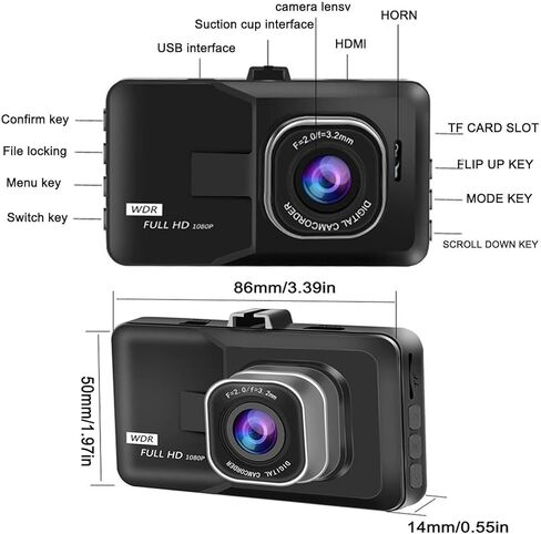 3-inch 1080p High-Definition Dash cam for Cars, 24 Hour Recording, 170° Large Wide-Angle,Super Night Vision, G-Sensor Parking Monitoring Loop Video Motion Detection in Kuwait