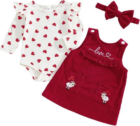 Yccutest Newborn Valentines Clothes Baby Girl Ribbed Romper Top Corduroy Overall Skirt Set Infant Valentines Day Heart Outfit in Kuwait