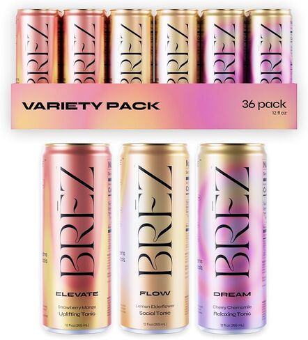 BRĒZ Mushroom Drink Variety Pack - Flow, Dream & Elevate - Lion’s Mane, Reishi, Cordyceps Mushrooms, Non-Infused, Adaptogen Tonics for Focus, Sleep, Mood & Energy, Vegan, 12 fl oz Cans (12 Pack) in Saudi Arabia