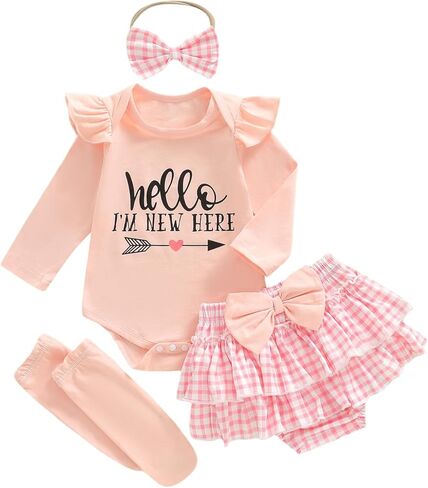 Newborn Baby Girl Clothes Hello I'm New Here Romper Ruffle Shorts Tutu Skirt Set Cute Infant Coming Home Outfits in Saudi Arabia
