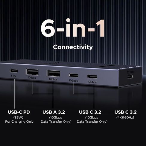 محول فيديو UGREEN Revodok USB-C Hub 4K@60 هرتز 10 جيجابت في الثانية 2×USB-A 3.2 + 2×USB-C 3.2 100W PD، قاعدة سفر من الألومنيوم متوافقة مع الشاشة المحمولة، MacBook Pro/Air، iPad Pro، Steam Deck، Dell XPS in Kuwait