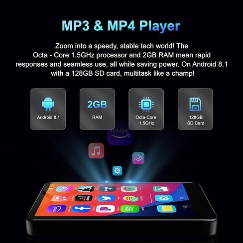 مشغل MP3 سعة 144 جيجابايت مع بلوتوث وواي فاي، مشغل موسيقى MP3 وMP4 بشاشة لمس كاملة 4 بوصة عالية الدقة مع سبوتيفي، ليبي، موسيقى أمازون، يوتيوب، تيكتوك، كتاب إلكتروني، مشغل MP4 للأطفال حتى 512 جيجا in Kuwait