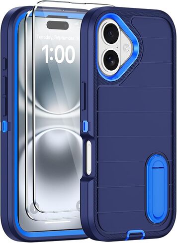 for iPhone 16 Case with Screen Protector, Heavy Duty Shockproof Drop Protection Military Grade Tri-Layer Full Covered Rugged Durable Cell Phone Cover with Built-in Invisible Kickstand 6.1" (Blue) in Saudi Arabia