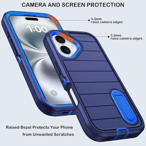 for iPhone 16 Case with Screen Protector, Heavy Duty Shockproof Drop Protection Military Grade Tri-Layer Full Covered Rugged Durable Cell Phone Cover with Built-in Invisible Kickstand 6.1" (Blue) in Saudi Arabia