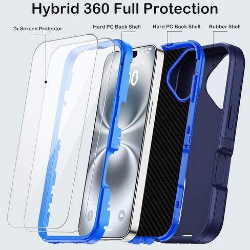 for iPhone 16 Case with Screen Protector, Heavy Duty Shockproof Drop Protection Military Grade Tri-Layer Full Covered Rugged Durable Cell Phone Cover with Built-in Invisible Kickstand 6.1" (Blue) in Saudi Arabia