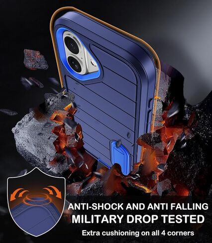 for iPhone 16 Case with Screen Protector, Heavy Duty Shockproof Drop Protection Military Grade Tri-Layer Full Covered Rugged Durable Cell Phone Cover with Built-in Invisible Kickstand 6.1" (Blue) in Saudi Arabia