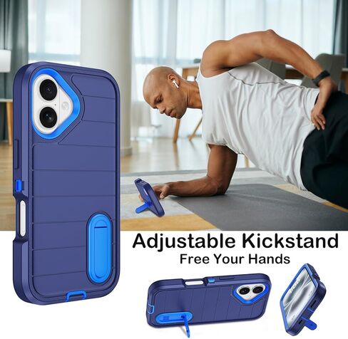 for iPhone 16 Case with Screen Protector, Heavy Duty Shockproof Drop Protection Military Grade Tri-Layer Full Covered Rugged Durable Cell Phone Cover with Built-in Invisible Kickstand 6.1" (Blue) in Saudi Arabia