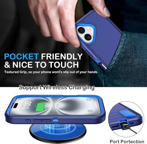 for iPhone 16 Case with Screen Protector, Heavy Duty Shockproof Drop Protection Military Grade Tri-Layer Full Covered Rugged Durable Cell Phone Cover with Built-in Invisible Kickstand 6.1" (Blue) in Saudi Arabia