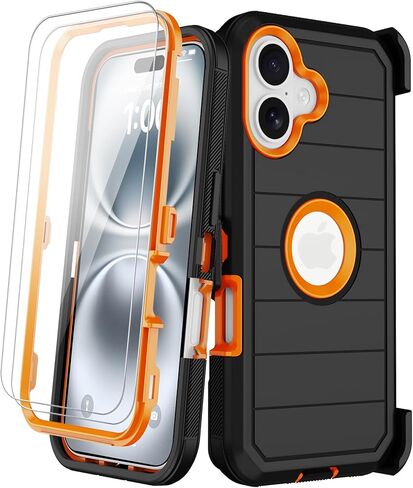 for iPhone 16 Case with Screen Protector, Heavy Duty Shockproof Drop Protection Military Grade Tri-Layer Full Covered Rugged Durable Cell Phone Cover with Built-in Invisible Kickstand 6.1" (Blue) in Saudi Arabia