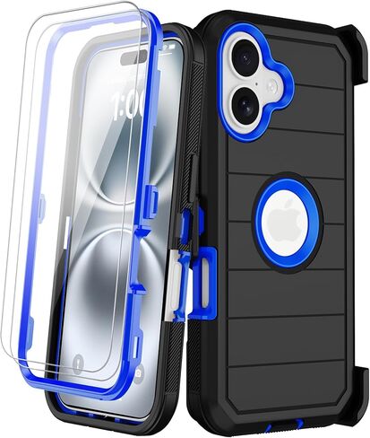 for iPhone 16 Case with Screen Protector, Heavy Duty Shockproof Drop Protection Military Grade Tri-Layer Full Covered Rugged Durable Cell Phone Cover with Built-in Invisible Kickstand 6.1" (Blue) in Saudi Arabia