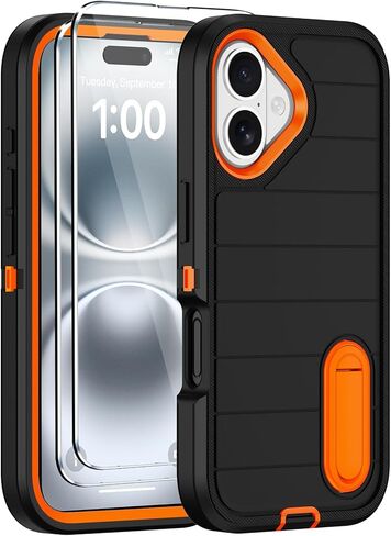 for iPhone 16 Case with Screen Protector, Heavy Duty Shockproof Drop Protection Military Grade Tri-Layer Full Covered Rugged Durable Cell Phone Cover with Built-in Invisible Kickstand 6.1" (Blue) in Saudi Arabia