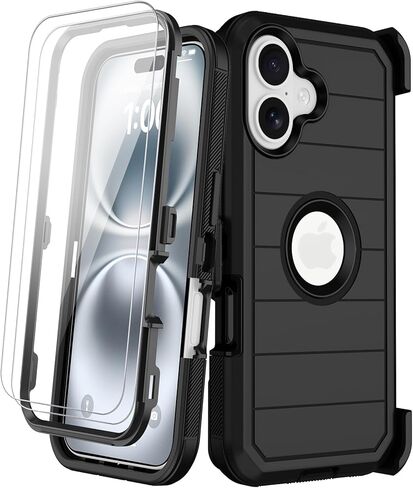 for iPhone 16 Case with Screen Protector, Heavy Duty Shockproof Drop Protection Military Grade Tri-Layer Full Covered Rugged Durable Cell Phone Cover with Built-in Invisible Kickstand 6.1" (Blue) in Saudi Arabia