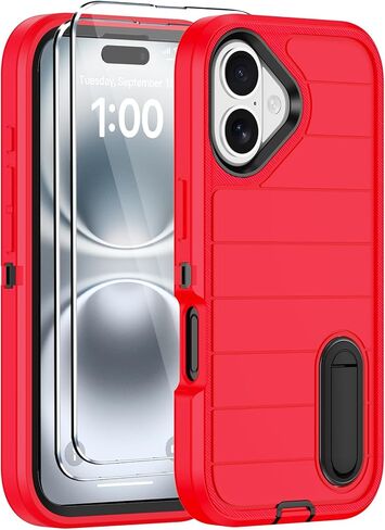 for iPhone 16 Case with Screen Protector, Heavy Duty Shockproof Drop Protection Military Grade Tri-Layer Full Covered Rugged Durable Cell Phone Cover with Built-in Invisible Kickstand 6.1" (Blue) in Saudi Arabia