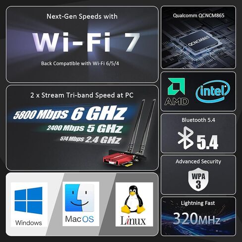 GLOTRENDS BE11000 WiFi 7 PCIe WiFi Card for Desktop AMD/Intel Desktop PC with QCNCM865 Controller, Bluetooth 5.4, Compatible with Windows 11/Linux/macOS in Saudi Arabia