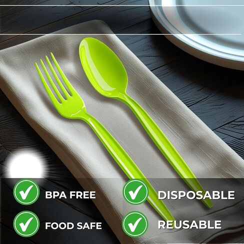 Blue Orchards Lime Green Plastic Spoon and Fork (24 Each) - Colored Plastic Silverware Sets for Parties in Saudi Arabia