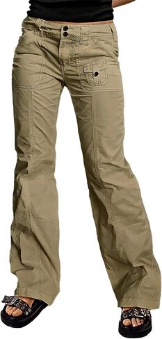Flamingals Straight Leg Pants for Women Mid Rise Casual Front Patch Pocket Design Solid Seam Pants in Saudi Arabia