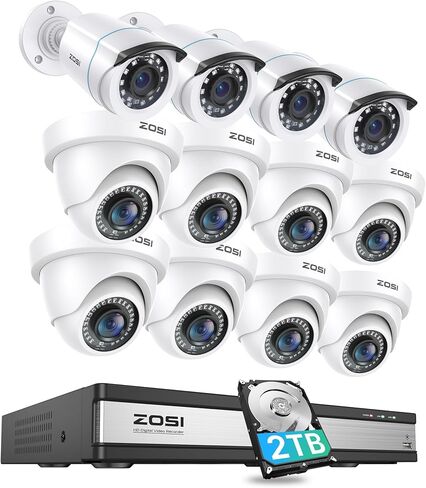 نظام كاميرا أمان ZOSI H.265+ 1080p 16 قناة، مسجل فيديو رقمي 16 قناة مع كشف المركبات البشرية بالذكاء الاصطناعي، كاميرا مراقبة CCTV مقاومة للطقس 12 × 2 ميجابكسل في الهواء الطلق، رؤية ليلية، وصول عن بعد، محرك أقراص ثابتة سعة 2 تيرابايت in Saudi Arabia