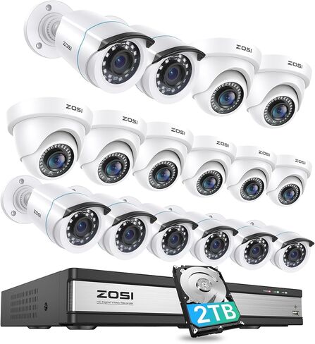 ZOSI H.265+ 1080p 16 Channel Security Camera System, 16CH DVR with AI Human Vehicle Detect, 12 x 2MP Weatherproof Surveillance CCTV Bullet Dome Camera Outdoor, Night Vision, Remote Access, 2TB HDD in Saudi Arabia