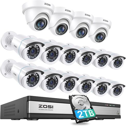 ZOSI H.265+ 1080p 16 Channel Security Camera System, 16CH DVR with AI Human Vehicle Detect, 12 x 2MP Weatherproof Surveillance CCTV Bullet Dome Camera Outdoor, Night Vision, Remote Access, 2TB HDD in Saudi Arabia