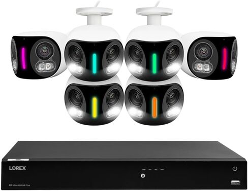 كاميرا Lorex Fusion 4K 8MP 16 (سلكية أو فيوجن Wi-FI) نظام NVR سعة 2 تيرابايت مع 4 كاميرات IP مزدوجة العدسات، إضاءة أمنية، كشف الحركة، رؤية بانورامية، رؤية ليلية ملونة، محادثة ثنائية الاتجاه (6 كاميرات) in Saudi Arabia