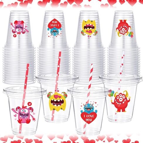 Eaasty 20 Sets Valentine's Day Disposable Cups with Lid and Straws,12 oz Clear Plastic Valentines Cups with Heart Shaped Stickers for Iced Coffee Juice Valentine's Day Party Supplies in Saudi Arabia