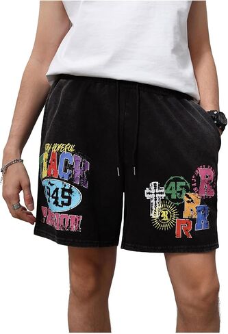 GORGLITTER Men's Graphic Shorts Y2k Vintage Straight Leg Streetwear Denim Shorts in Saudi Arabia