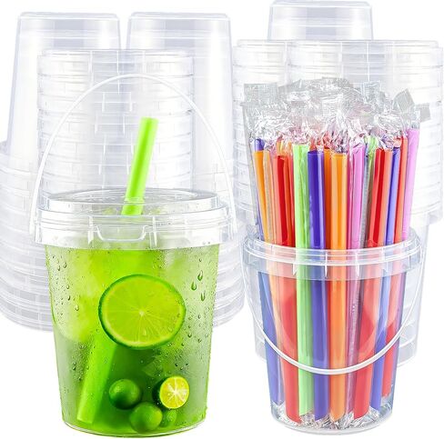 15sets disposable plastic cup with lid and straw, 34 ounce reusable and suitable for outdoor travel beverage packaging pool party supplies beach party supplies picnic supplies in Saudi Arabia