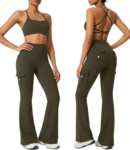 RXRXCOCO Women 2 Piece Workout Sets Flare Leggings with Pockets Butt Lifting High Waisted Cargo Gym Yoga Sets Pilates Outfits in Saudi Arabia