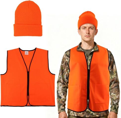 Orange Hunting Vest and Beanie with Pockets Blaze Orange Hunting Vest High Visibility Safety Vests for Fishing in Kuwait