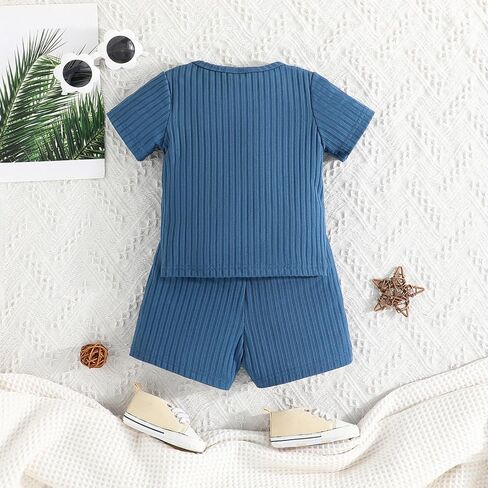 Short Sleeve Top and Shorts Set for Boys, Soft 2 Piece Blue Outfits for Parties and Daily Wear in Saudi Arabia