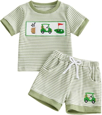 Toddler Baby Boy Clothes Summer Short Sleeve Striped Baseball/Golf/Football Embroidery Shirt Tops and Shorts Set in Kuwait