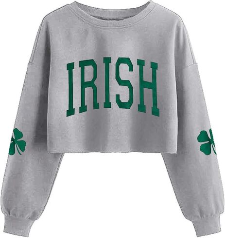 Women's Funny Clover Graphic Crop Sweatshirts St. Patrick's Day Lucky Shamrock Lantern Long Sleeve Pullover Tops in Saudi Arabia