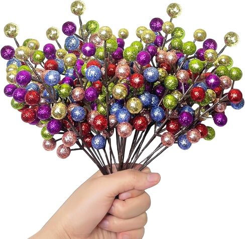 24 Pack Christmas Glitter Berries Stems, 8.5 Inch Artificial Christmas Picks, Berry Branches for Christmas Tree Ornaments, DIY Wreath, Crafts, Holiday and Party Decor (Colorful A) in Saudi Arabia