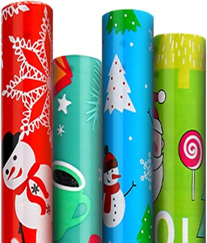 Panigkids Christmas Wrapping Paper(Including Jute Twine), 4 Rolls vintage wrapping paper with Geometric Stripes, Tree & Snowflakes Designs for Christmas Gift Wrap, Thanksgiving & Holiday & Party , 16.9'' x 16.4' in Kuwait