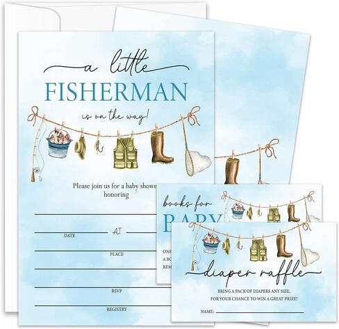 Fishing Baby Shower Invitations, Fisherman Baby Shower Invites for Boy Girl, Diaper Raffle Tickets & Book Request Card, 25 Set With Envelopes, Party Supplies - BSinvite 14 in Kuwait