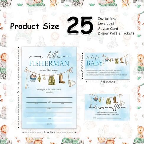 Fishing Baby Shower Invitations, Fisherman Baby Shower Invites for Boy Girl, Diaper Raffle Tickets & Book Request Card, 25 Set With Envelopes, Party Supplies - BSinvite 14 in Kuwait